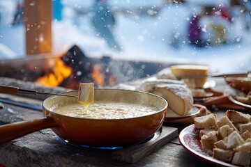 winter sport indoors family warm cosy cheese fondue close-up snow outside, fire place shallow dof 