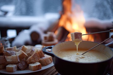 winter sport indoors family warm cosy cheese fondue close-up snow outside, fire place