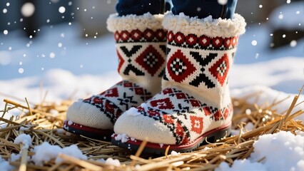 Warm woolen valenki boots with red and black folk pattern on straw in snowy winter outdoors