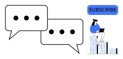 Two dialogue boxes with dots alongside a person using a laptop atop stacked bars. Ideal for communication, subscription, social media, online engagement, interaction, digital tools, email marketing