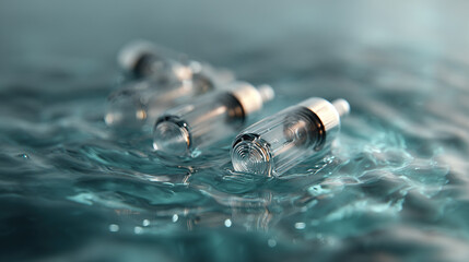 Clear vessels delicately float on rippling turquoise water, creating a sense of tranquility and scientific intrigue within a laboratory setting.