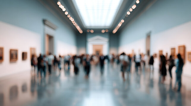 Blurred view of people admiring artwork in a spacious, bright art gallery, creating an atmosphere of culture and appreciation, indoor setting.