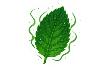 Fresh green mint leaf with water drops and aroma lines, a natural invigorating organic illustration