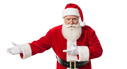 Santa claus in a red suit and hat gesturing with his hands isolated on transparent background, offering a warm welcome and spreading christmas cheer