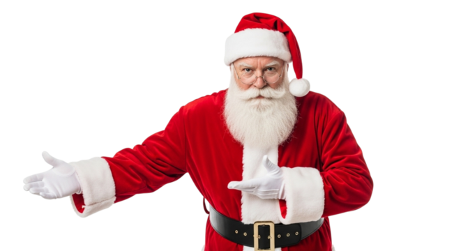 Santa claus in a red suit and hat gesturing with his hands isolated on transparent background, offering a warm welcome and spreading christmas cheer