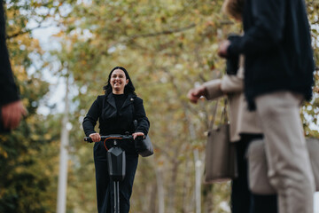 A woman on an electric scooter smiles as she glides through a tree-lined park. Nearby pedestrians in fall clothing create a lively outdoor moment of casual urban leisure.