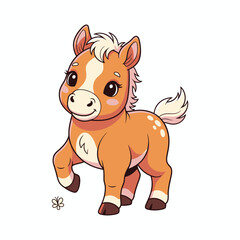 Delightful cartoon pony prancing playfully, a charming illustration perfect for children's books or whimsical designs, full of joy and innocence