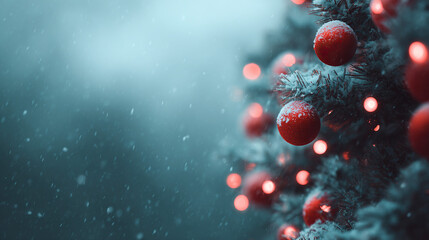 Snowy day: Red baubles adorn frosted evergreen, lights twinkle softly. A calming winter scene, perfect for holiday cheer and tranquility.