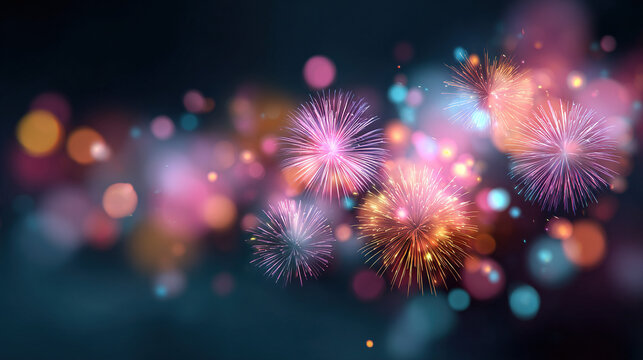 Vibrant fireworks illuminate the night sky, painting the scene with bursts of color and shimmering light. A dazzling display of celebration.