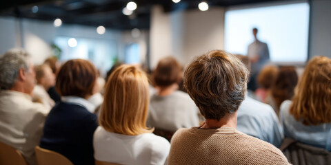 Audience attending a seminar or presentation in a modern conference room with a speaker in front and blurred background