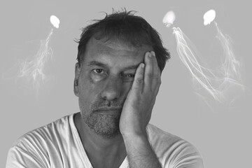 Weary adult male overwhelmed by surrounding ghostlike entities