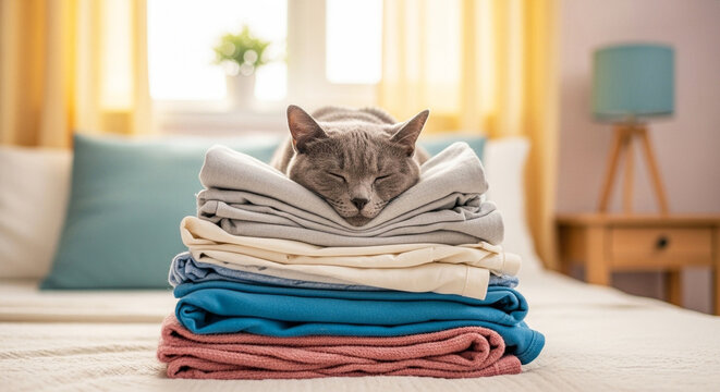 Cat resting on clean laundry pile in cozy home interior, relaxation and comfort in domestic setting