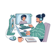 Cheerful woman connecting remotely during video conference call, working from home with headset and laptop, vector design for digital communication