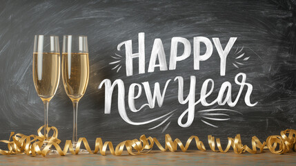 happy new year, New year's eve party, celebration, holiday greeting card - Two champagne glasses and chalkboard with text, on table