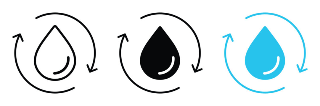 Eco-friendly recycle water icon vector showing circular arrows and water droplet symbol for sustainability, conservation, reuse cycle, environment and green resource management design.