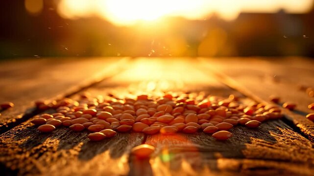 Sunlight beams down on a wooden table scattered with vibrant orange seeds, reflecting the warmth of the late afternoon. The orange seeds create an inviting scene, enhancing the rus