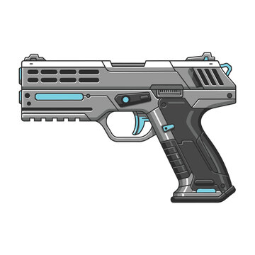 Sleek futuristic handgun design, vector illustration for game development or science fiction concept art, modern weapon for digital art projects