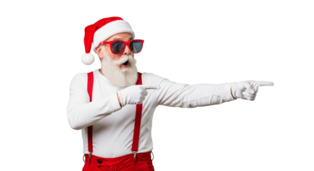 Surprised santa claus wearing sunglasses and pointing to the side isolated on transparent background, dressed in red suspenders and pants with a long white beard