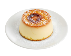 Individual Creme Brulee with Powdered Sugar on White Plate dessert custard isolated on a transparent background