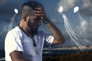 Troubled adult male overwhelmed by surrounding ghostlike entities