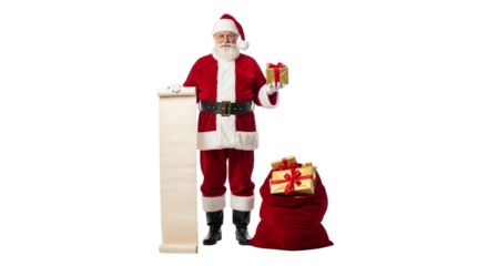 Santa claus holding a long list and a gift isolated on transparent background, standing next to a sack full of presents, ready to deliver joy and holiday cheer