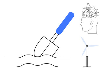 Spade digging into soil, wind turbine, head with blooming flowers symbolizing growth, nature, ideas, and eco-living. Ideal for sustainability, creativity, innovation growth eco-consciousness
