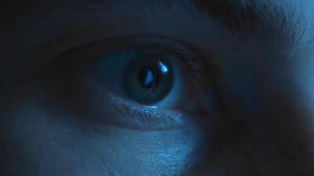 Close-up of an eye staring at a computer or smartphone screen after abruptly waking up in the dark of night. Insomnia, sleep disorder, eyestrain, and the harm of late-night digital consumption.