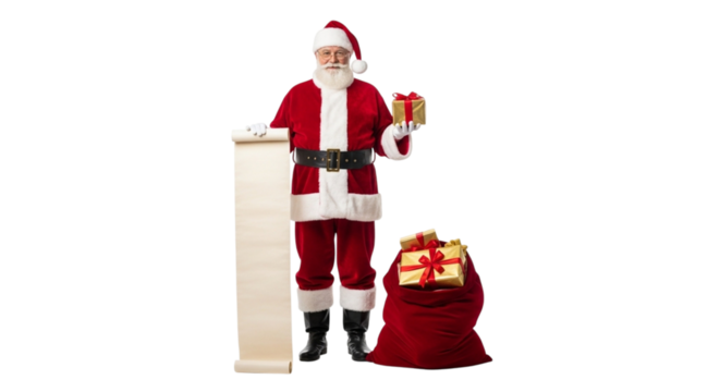 Santa claus holding a long list and a gift isolated on transparent background, standing next to a sack full of presents, ready to deliver joy and holiday cheer - Powered by Adobe