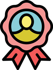 Round pink badge with red ribbon awarding best employee of the month celebrating achievement