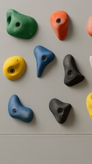 Close up of colourful textured climbing holds of diverse shapes on a gray indoor bouldering wall