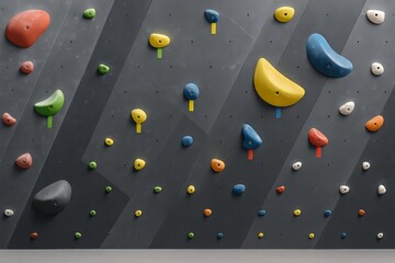 Indoor bouldering wall with colorful climbing holds on dark panels, wide view for training and route setting