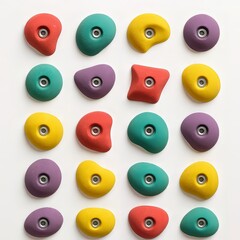 Set of colorful climbing holds arranged in rows on white background, studio flat lay for route setting and training
