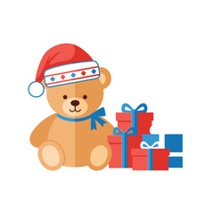 Adorable teddy bear wearing a Santa hat next to a pile of bright Christmas gifts creates a cheerful holiday spirit for seasonal designs