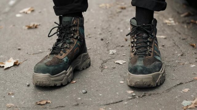 Close-up of rugged camouflage combat boots on a paved surface with fallen leaves.