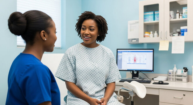 A woman at a gynecologist's appointment, patient and nurse in medical consultation room, women's health and professional care - Powered by Adobe