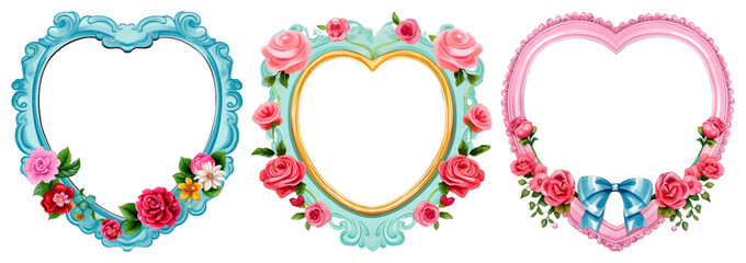 PNG Colorful floral heart frames, element set on transparent background