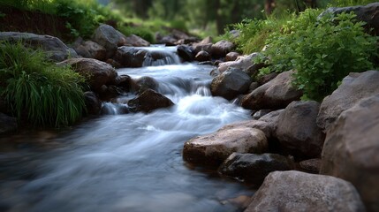 Fototapeta premium A clear flowing stream cascades over textured rocks amidst lush greenery in a serene natural landscape