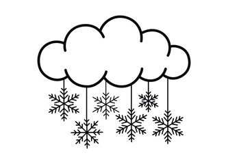 Winter weather cloud with falling snowflakes graphic element for weather forecasts and seasonal designs minimalist line drawing