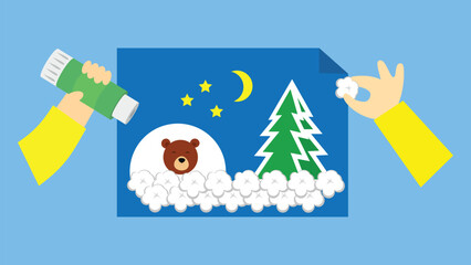Illustration of a hand holding a Christmas illustration with a bear and a Christmas tree