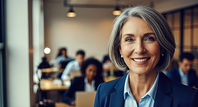 Confident female lawyer in a professional suit smiles warmly, surrounded by colleagues in a modern office setting, embodying the essence of legal expertise and teamwork