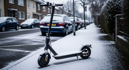 Electric scooter in snow, winter transportation challenge and eco-friendly mobility in urban setting
