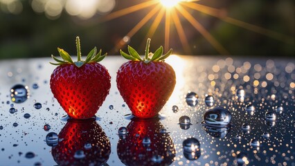 Two fresh strawberries with morning dew drops and sunset reflection on shiny surface outdoors