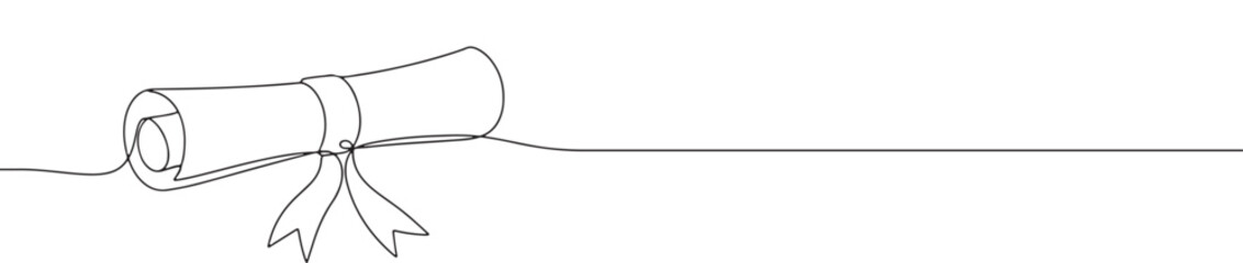 A continuous one-line drawing of a rolled diploma with a ribbon, symbolizing graduation, achievement, and education
