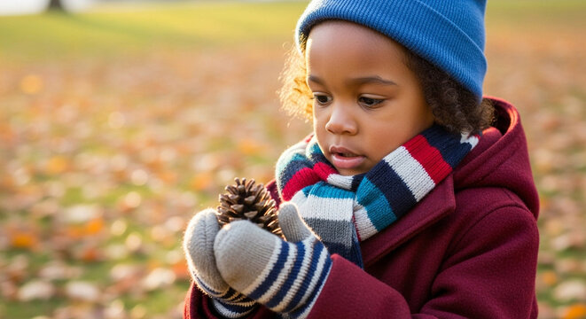 Child holding pinecone with gloves, exploring nature and curiosity in autumn park