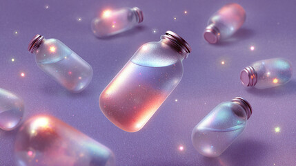 Floating potion bottles filled with iridescent liquid and stardust, set against a pastel purple background with glowing specks of light.