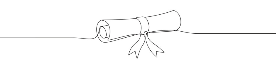 A continuous one-line drawing of a rolled diploma with a ribbon, symbolizing graduation, achievement, and education