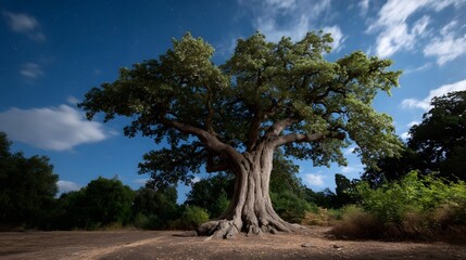 A majestic ancient tree stands under a starry night sky with swirling clouds