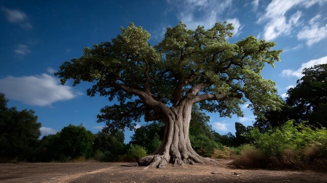 A majestic ancient tree stands under a starry night sky with swirling clouds