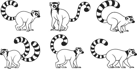 Lemur silhouette icons set, black vector animal shapes, ring-tailed lemur poses, wildlife design elements, isolated on white background, nature theme © Masuduzzaman