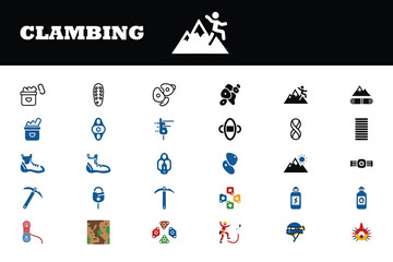 Explore the thrill of climbing with essential gear icons for outdoor adventures, featuring boots, ropes, helmets, and axes for rock climbing enthusiasts